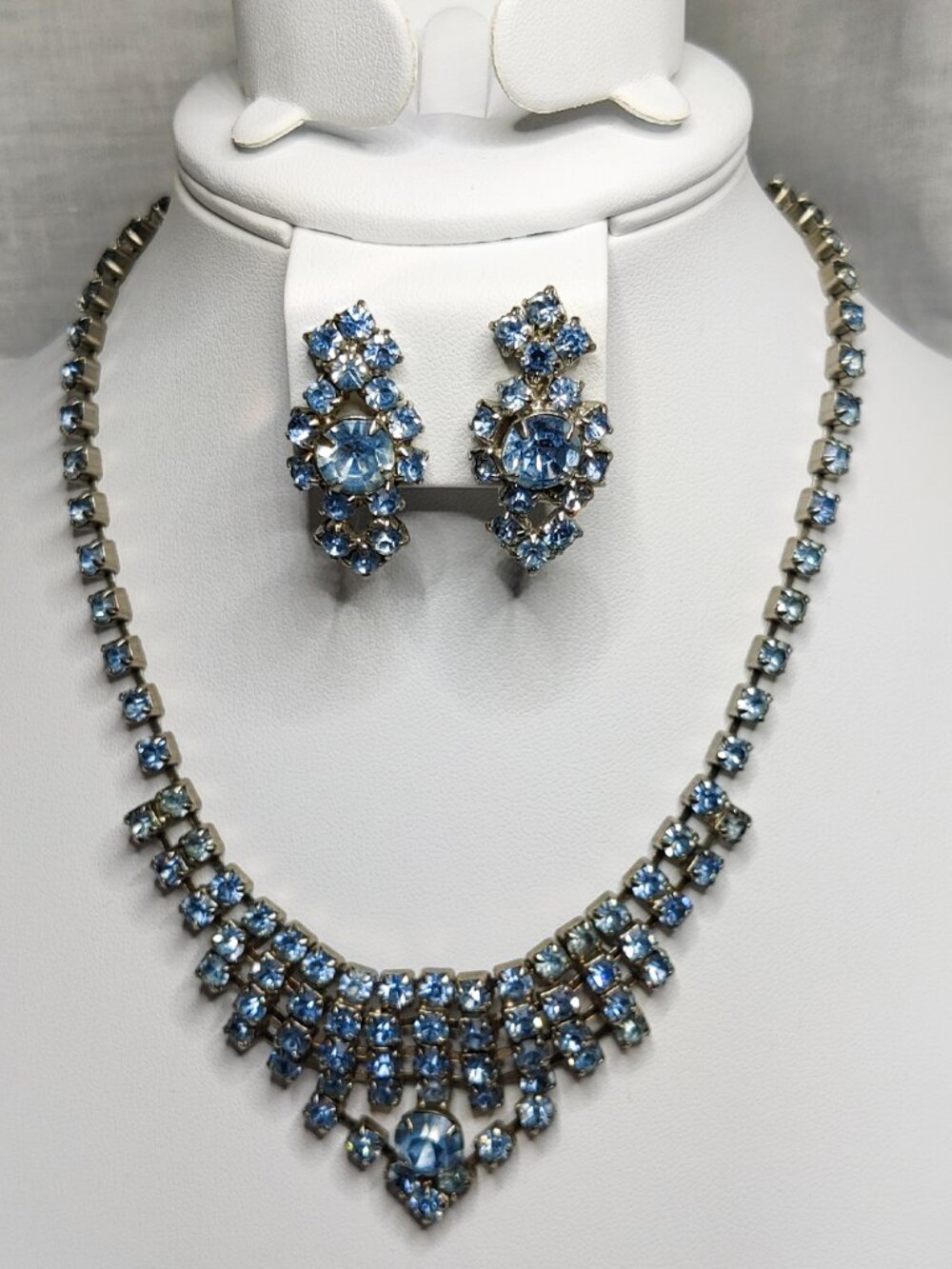 Vintage 1950-60s Art Deco Glamor Prom Baby Blue Rhinestones Earrings Necklace